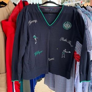 Tommy Hilfiger sueter v neck navy blue with green trim
